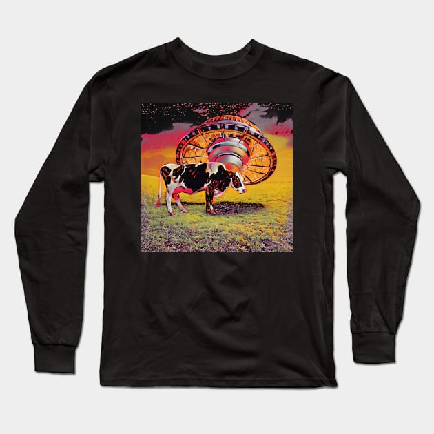 Cool cow with UFO on lawn Long Sleeve T-Shirt by BradshawArt
